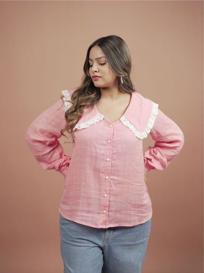 Blossom Pink Ruffle Shirt for Women featuring stylish ruffle sleeves, perfect for summer fashion. This elegant pink blouse is ideal for casual outings or formal occasions, easily paired with skirts, trousers, or jeans for versatile outfit options.