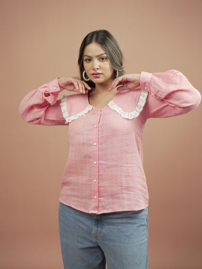 Blossom Pink Ruffle Shirt for Women featuring stylish ruffle sleeves, perfect for summer fashion. This elegant pink blouse is ideal for casual outings or formal occasions, easily paired with skirts, trousers, or jeans for versatile outfit options.