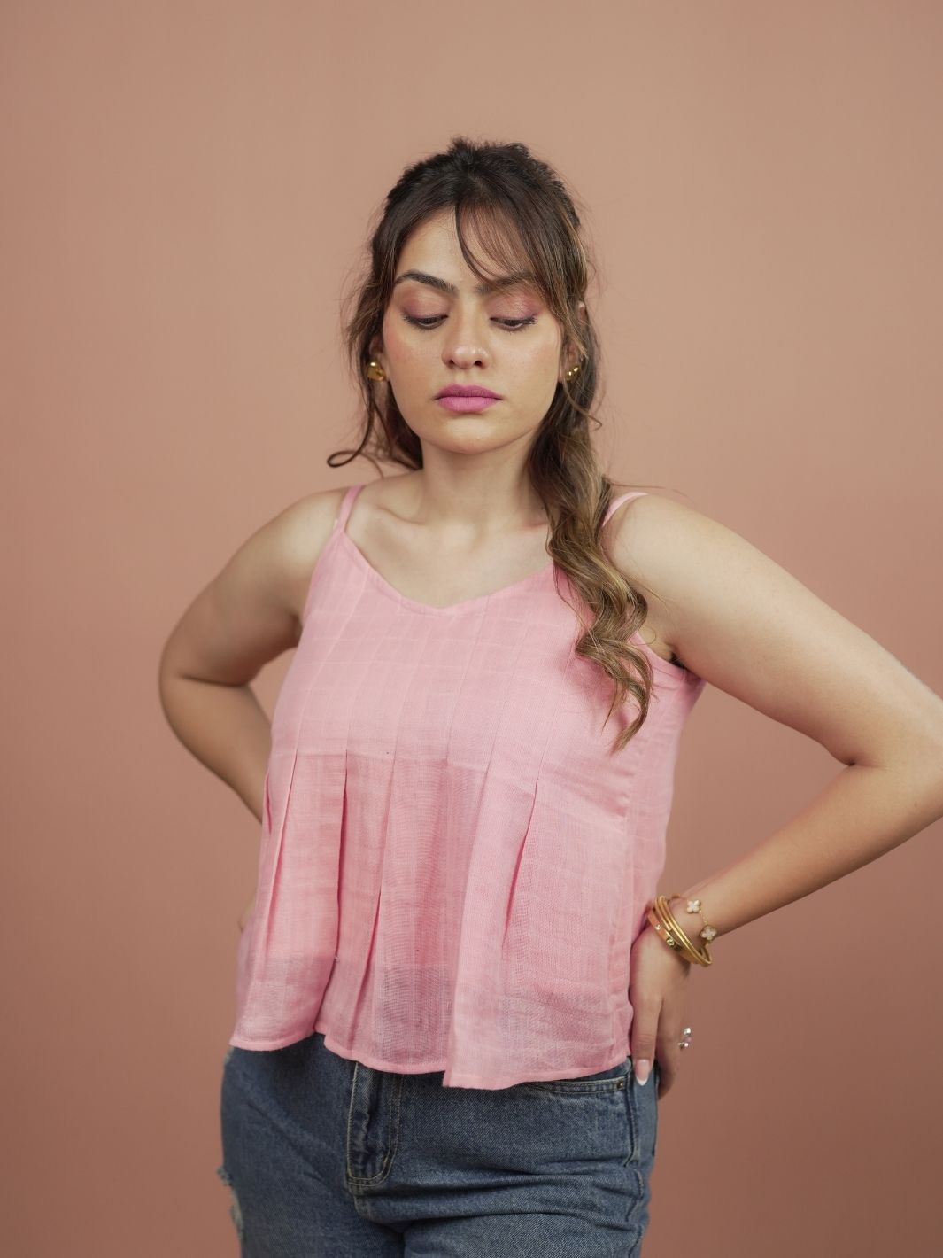 Blossom pink pleated cami top, lightweight pleated summer top for women’s casual or dressy outfits.