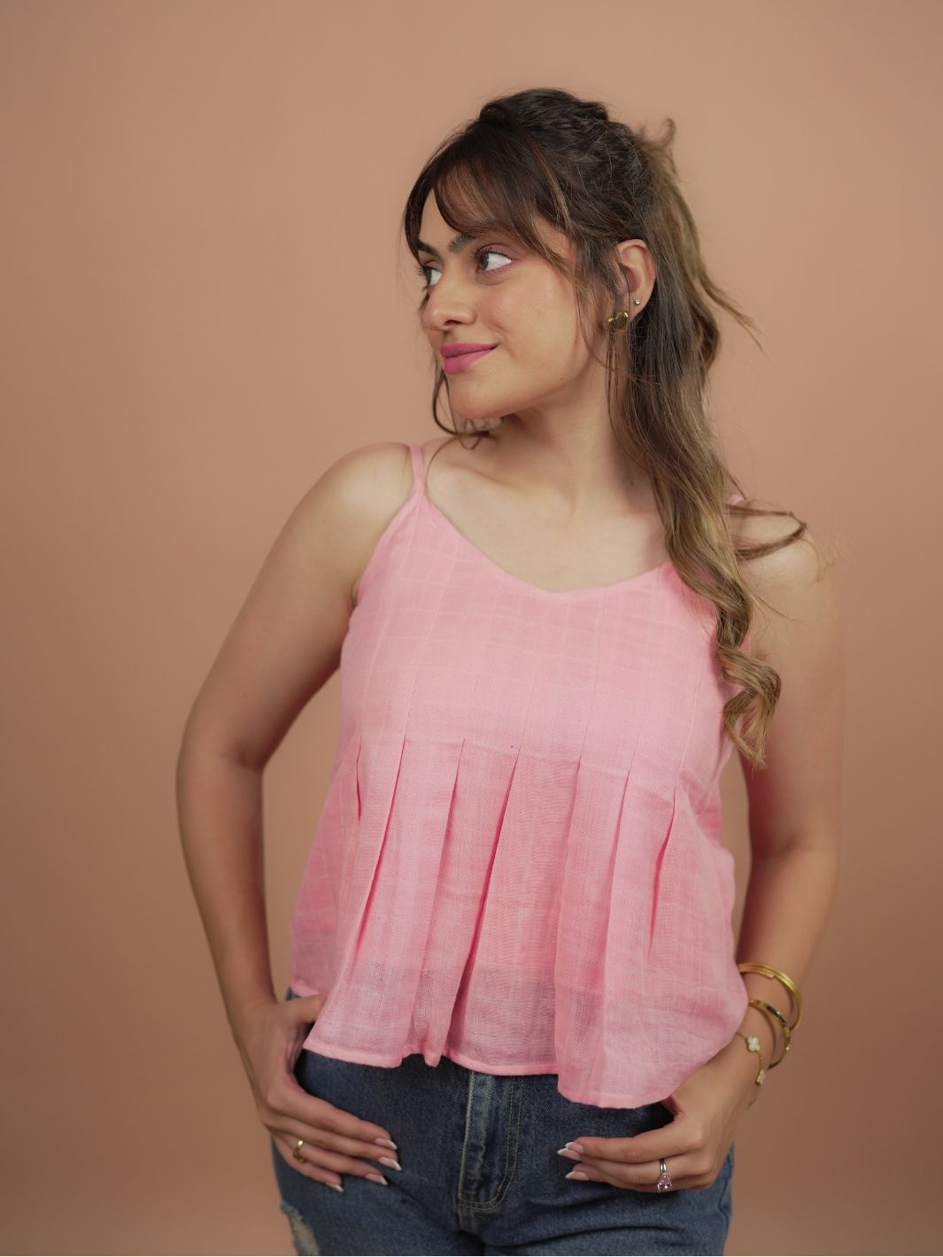 Blossom pink pleated cami top, lightweight pleated summer top for women’s casual or dressy outfits.