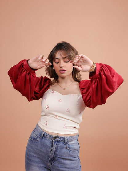 Hearts Red Satin Crop Top featuring a luxurious satin finish, playful heart pattern, and a chic cropped design. Perfect for summer outfits, this versatile crop top can be paired with high-waisted jeans, skirts, or shorts for a trendy look.