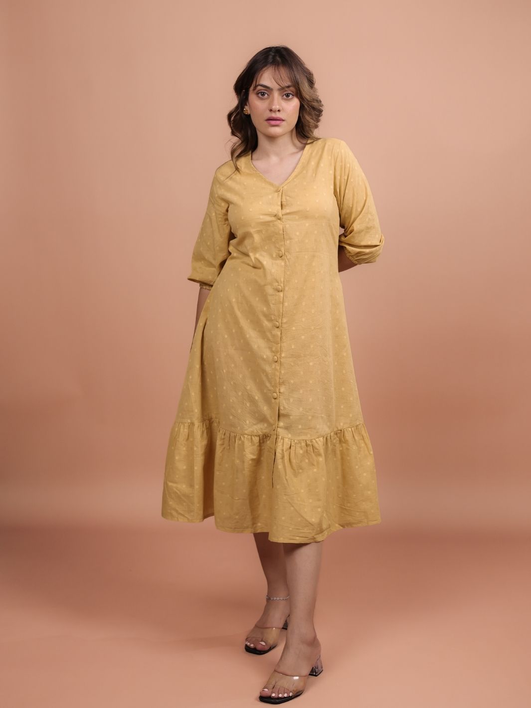 Mustard cotton tiered midi dress for women, lightweight and breathable, perfect for summer, casual outings, or boho chic style