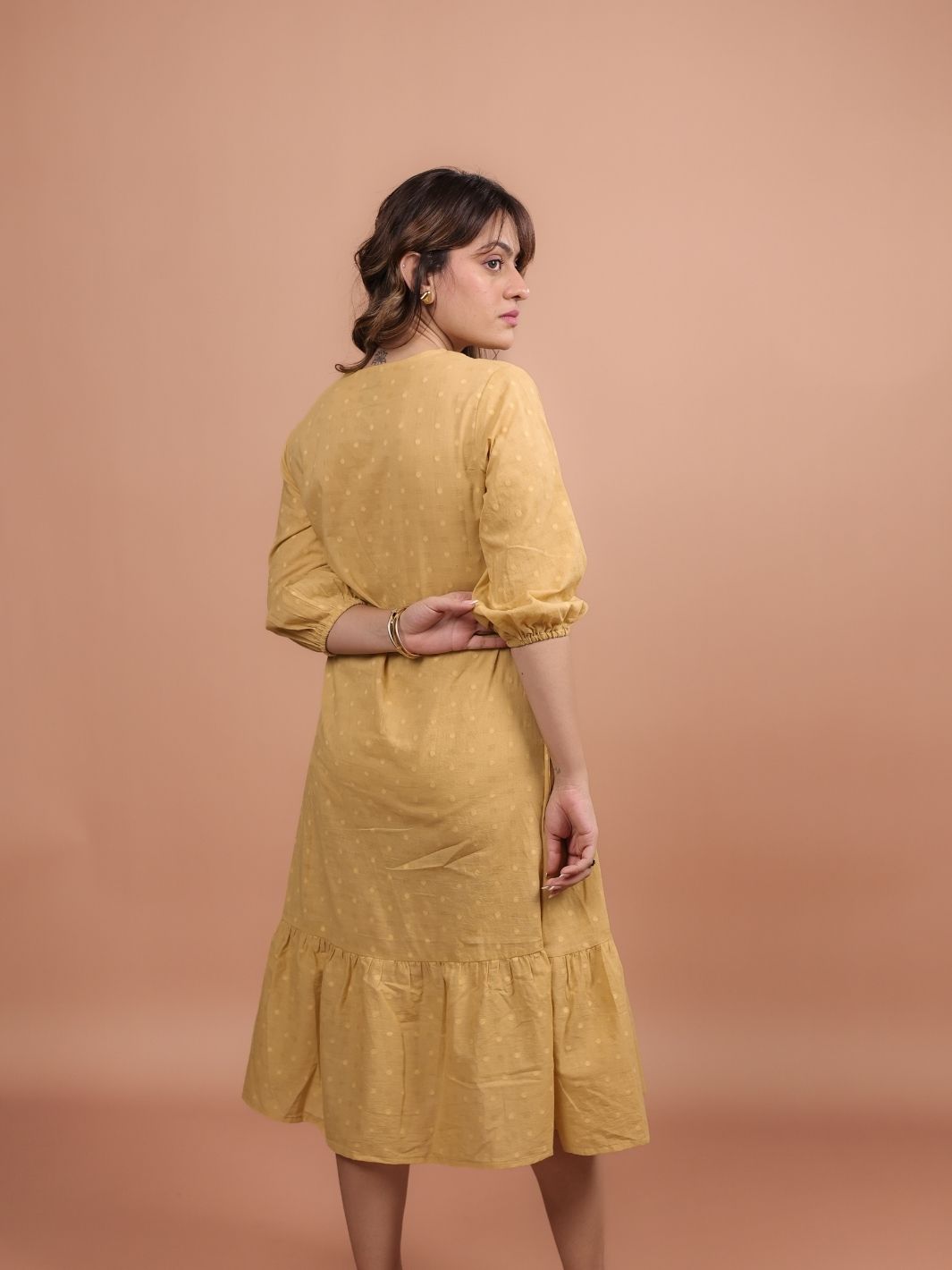 Mustard cotton tiered midi dress for women, lightweight and breathable, perfect for summer, casual outings, or boho chic style.