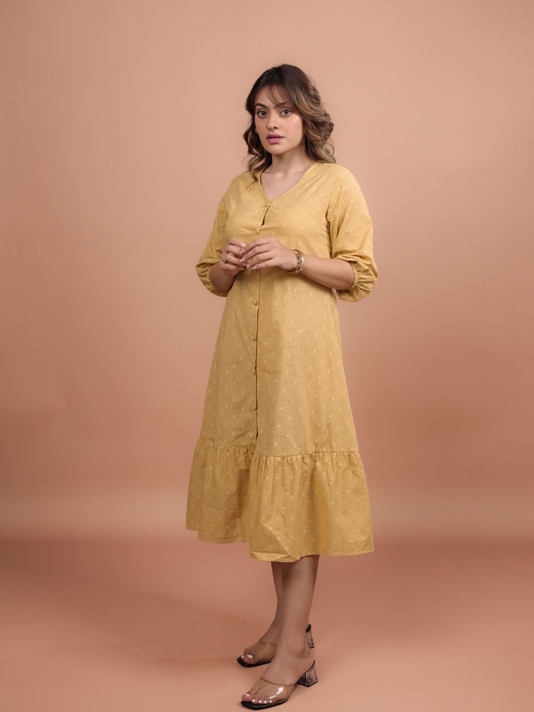 Mustard cotton tiered midi dress for women, lightweight and breathable, perfect for summer, casual outings, or boho chic style.