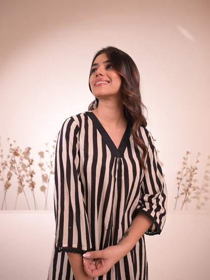 Jasmin Black and White Striped Block Printed Kurta Pant Set featuring a straight kurta and pants with pockets, perfect for stylish everyday wear.